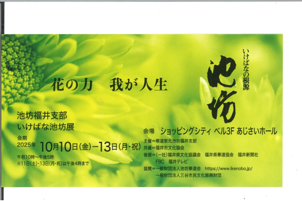 池坊福井支部　いけばな池坊展/華道家元池坊 福井支部/2025年10月10日（金）～13日（月・祝）/ｼｮｯﾋﾟﾝｸﾞｼﾃｨ ﾍﾞﾙ3Ｆあじさいホール